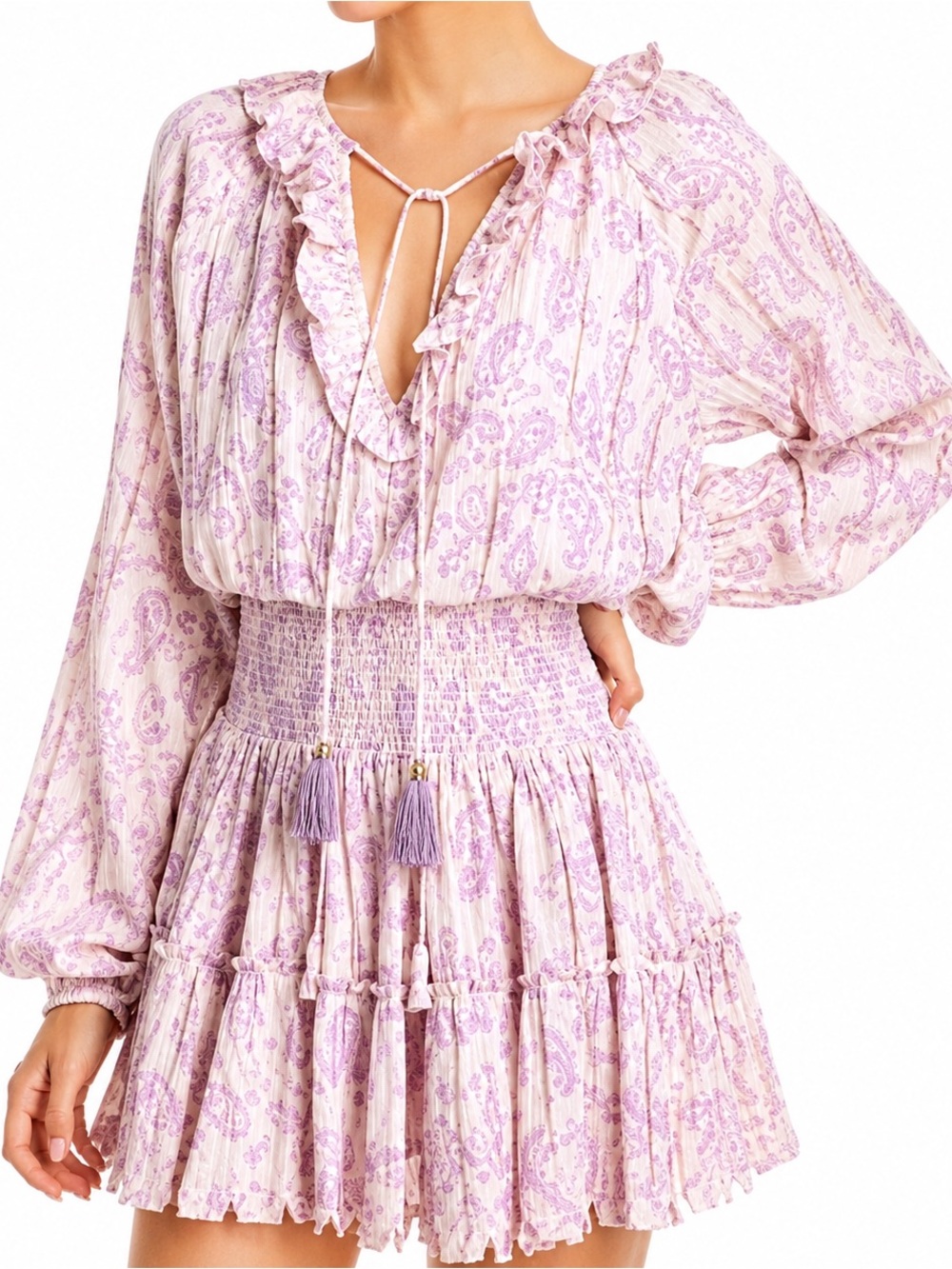 House of Harlow 1960 Ajay Paisley Smocked Mini Dress Pink Purple Size L